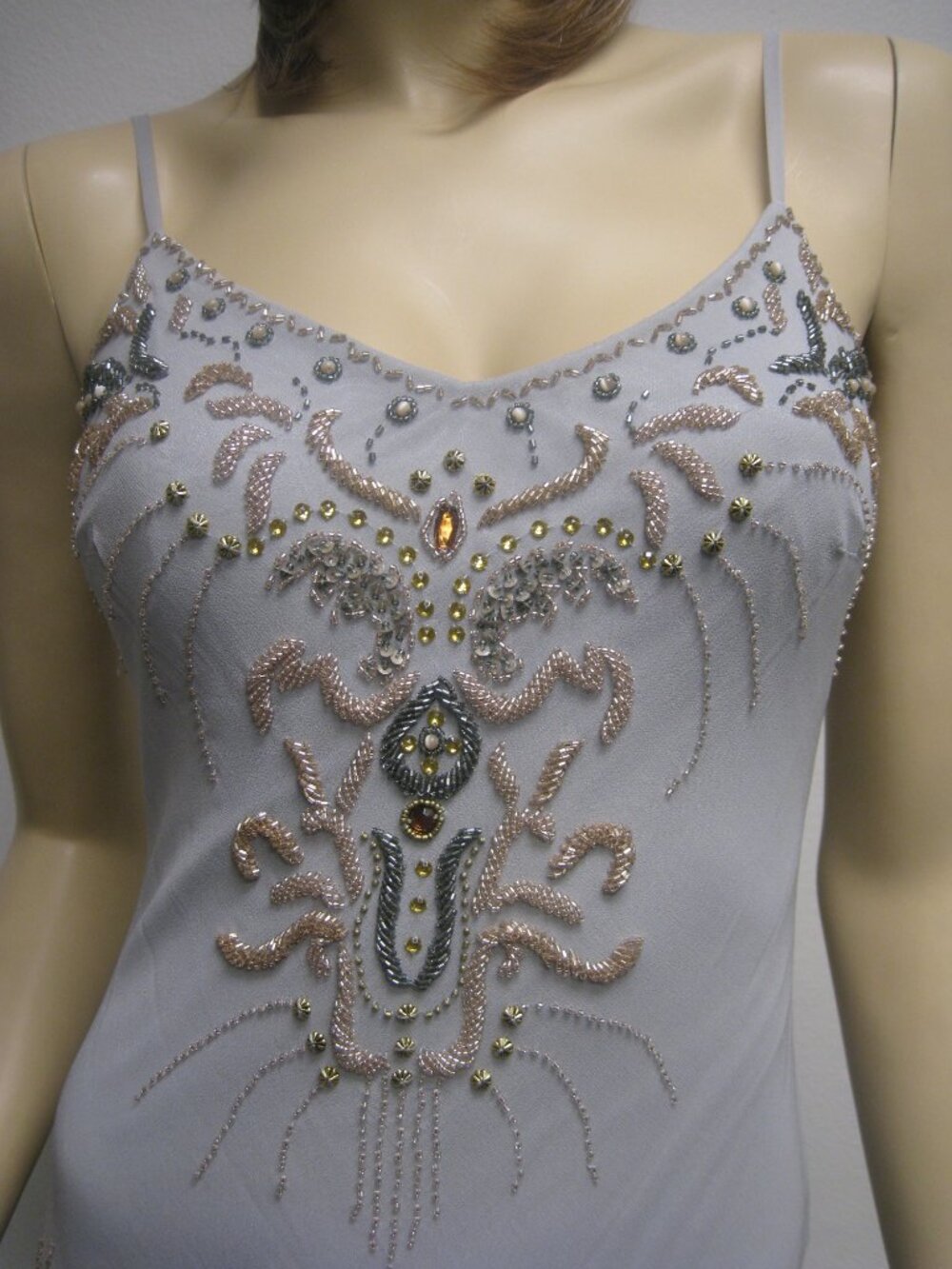 Sue Wong Nocturne Dress Y2K Cocktail 76 Flapper Grey Silver Gold Beaded Art Deco - Picture 6 of 16